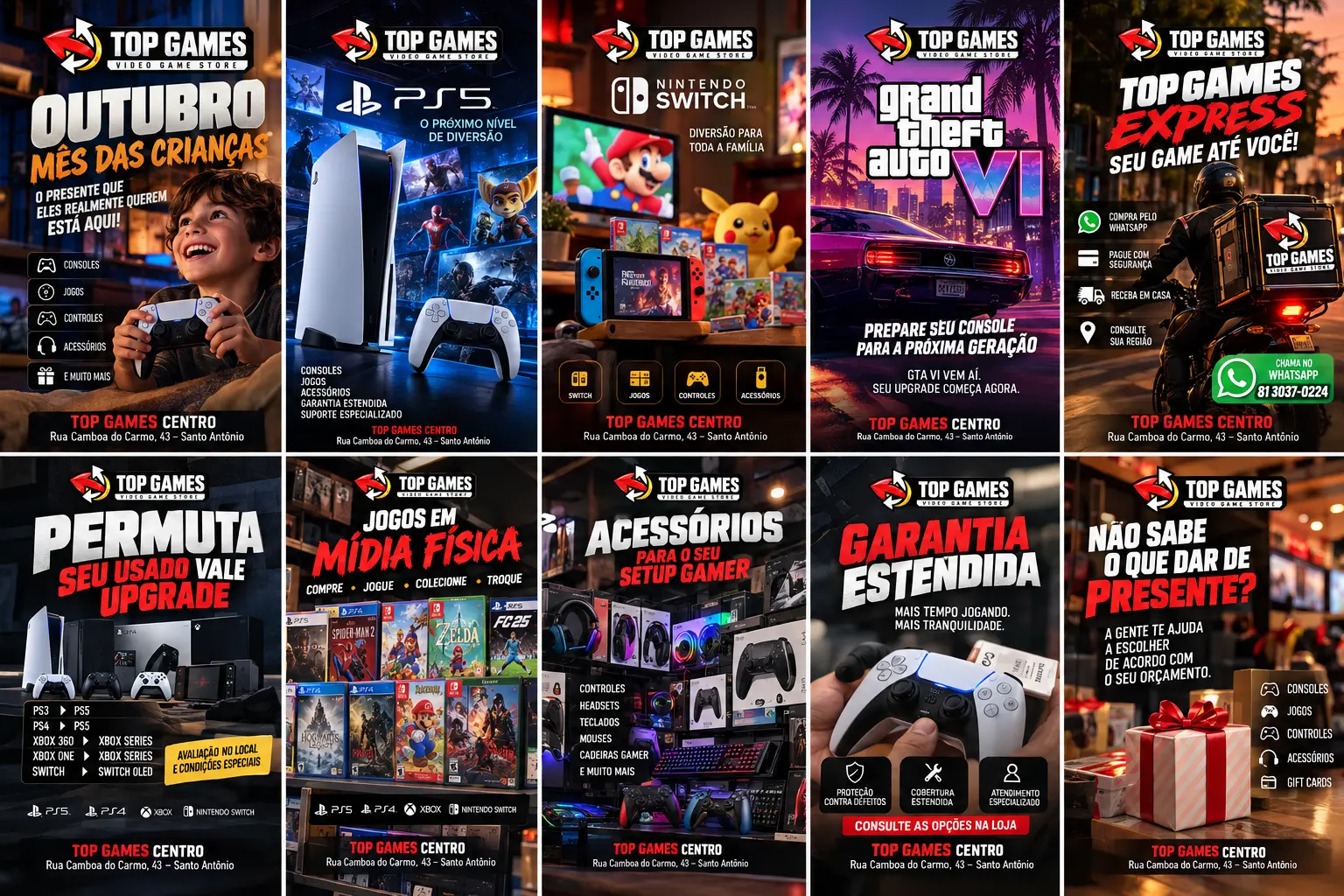 Campanha com dez destaques da Top Games Centro, incluindo GTA 6, permuta, acessórios e delivery
