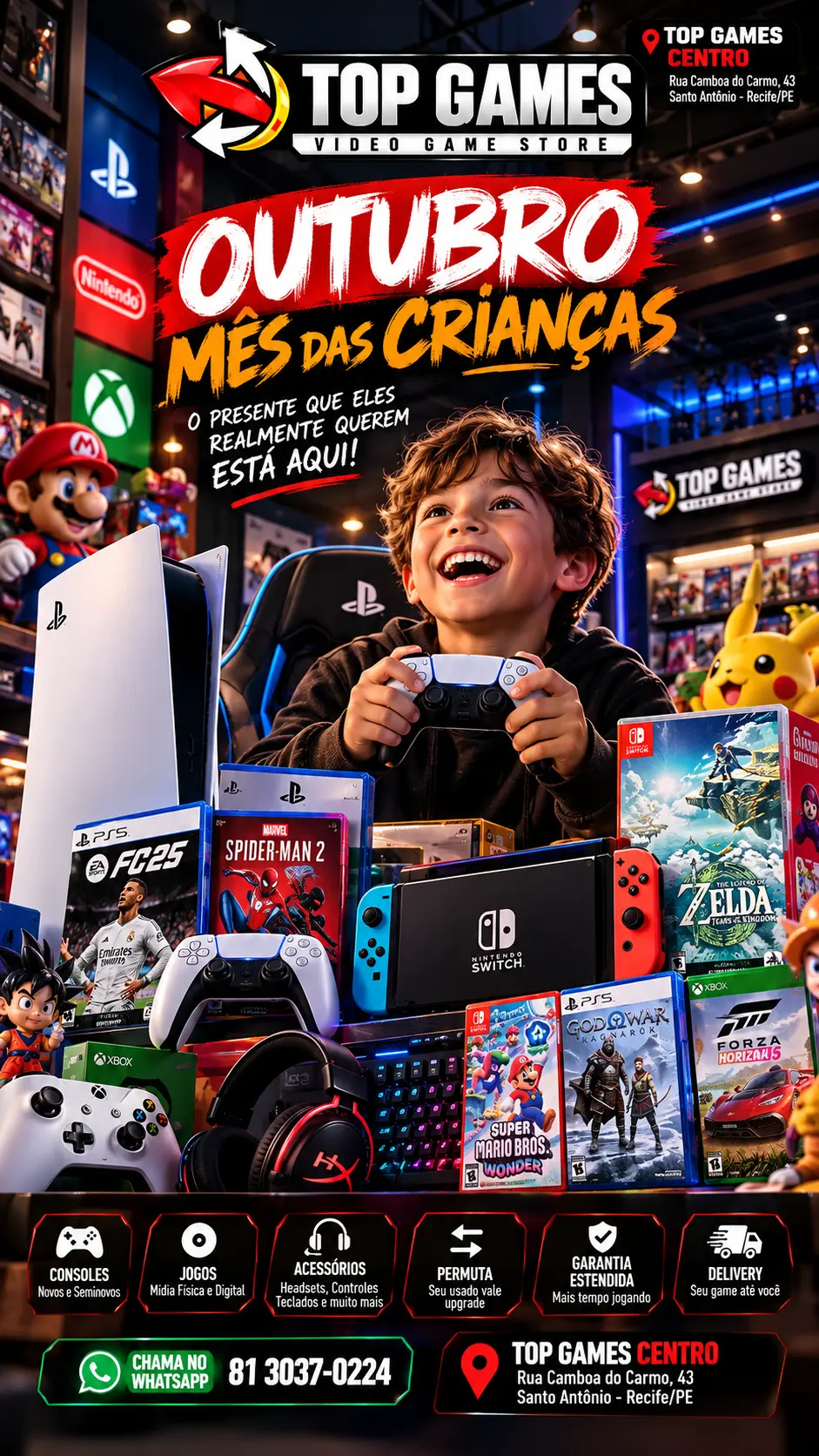 Campanha de Outubro da Top Games Centro com consoles, jogos, acessórios, permuta, garantia e delivery