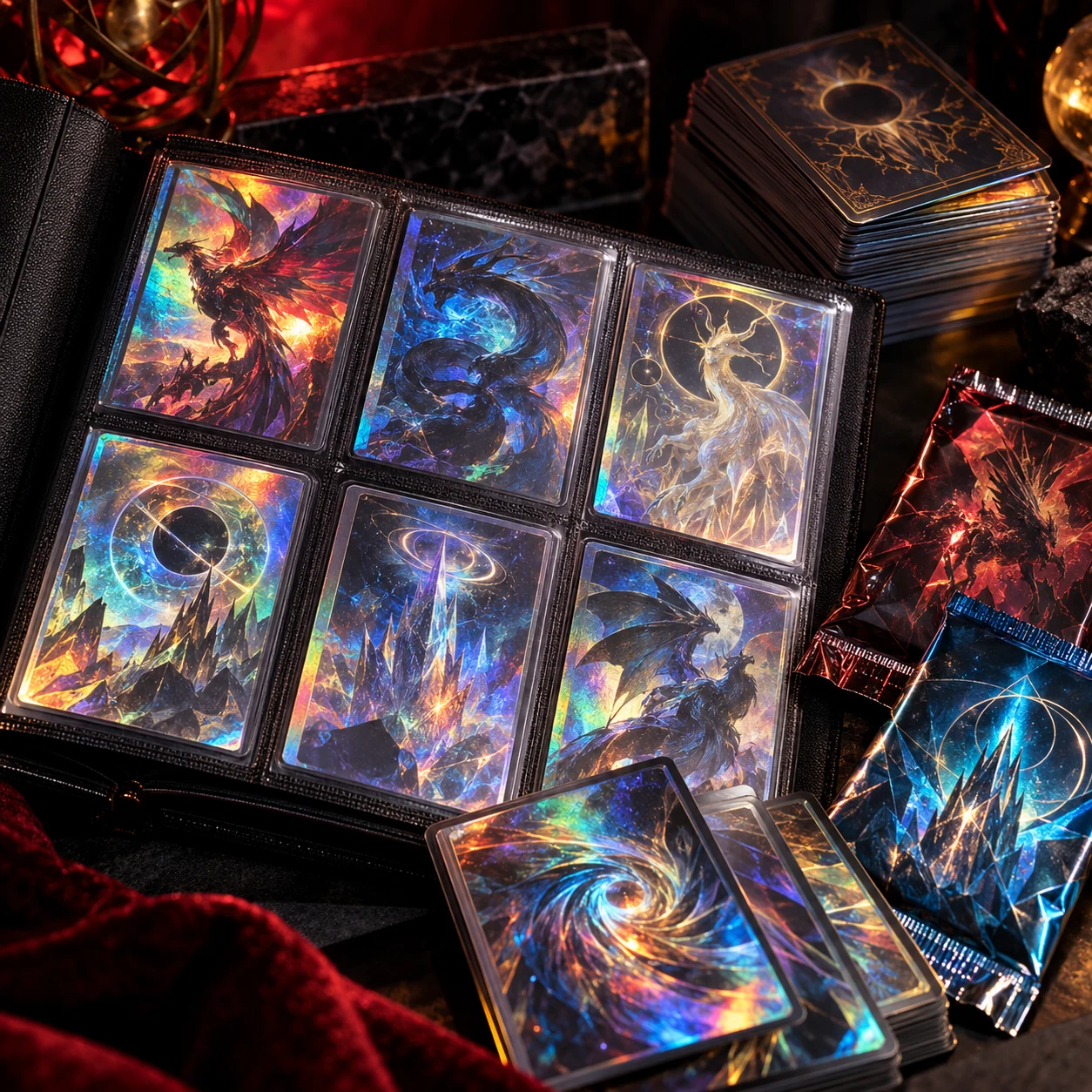 Coleção ilustrativa de cartas, fichário e pacotes colecionáveis