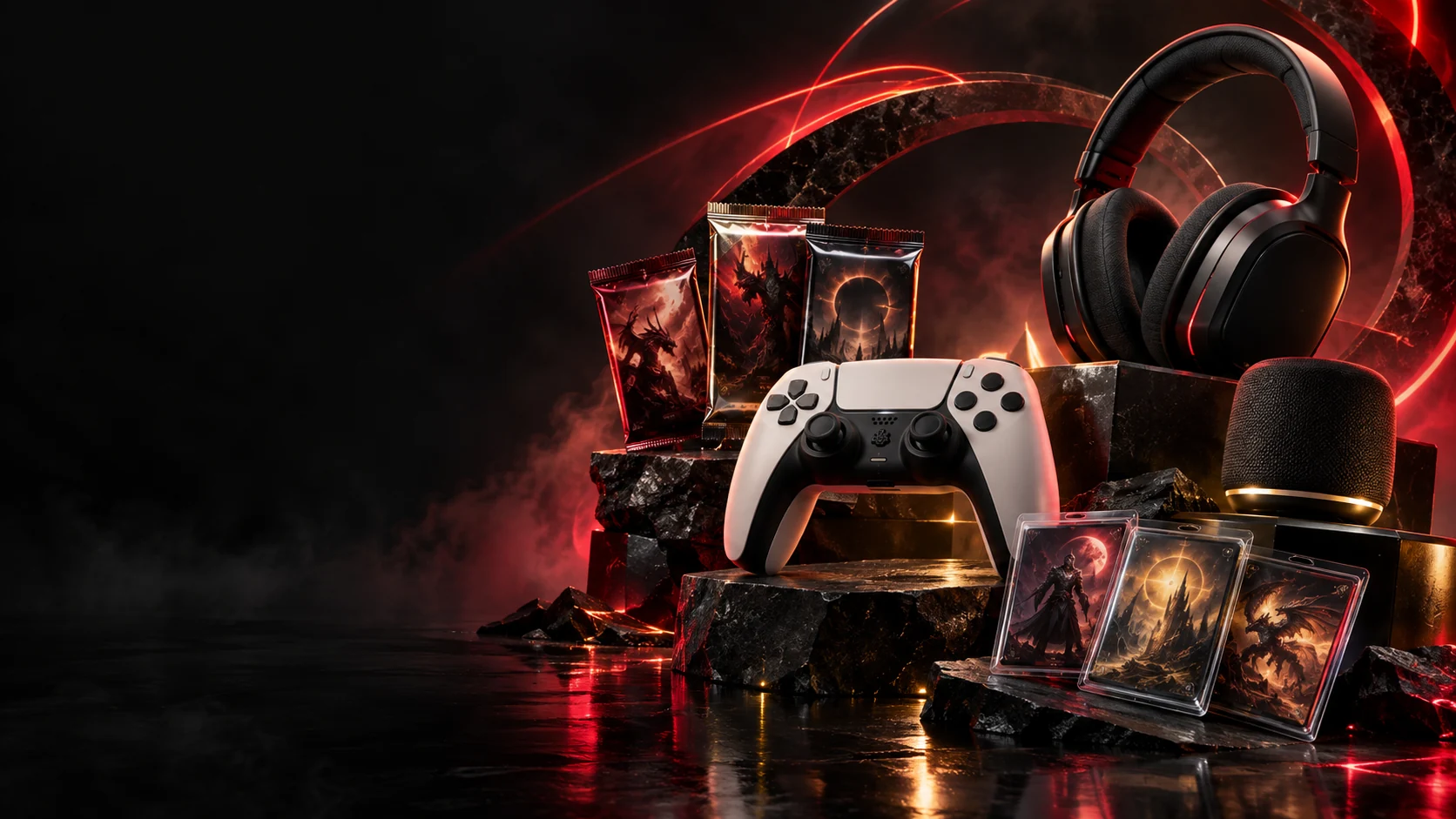 Consoles e acessórios gamer em iluminação vermelha