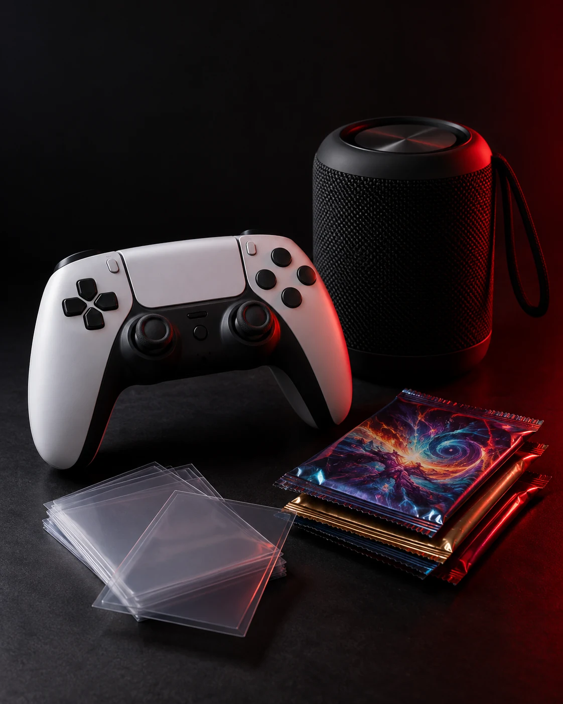 Composição ilustrativa com controle de videogame e acessórios