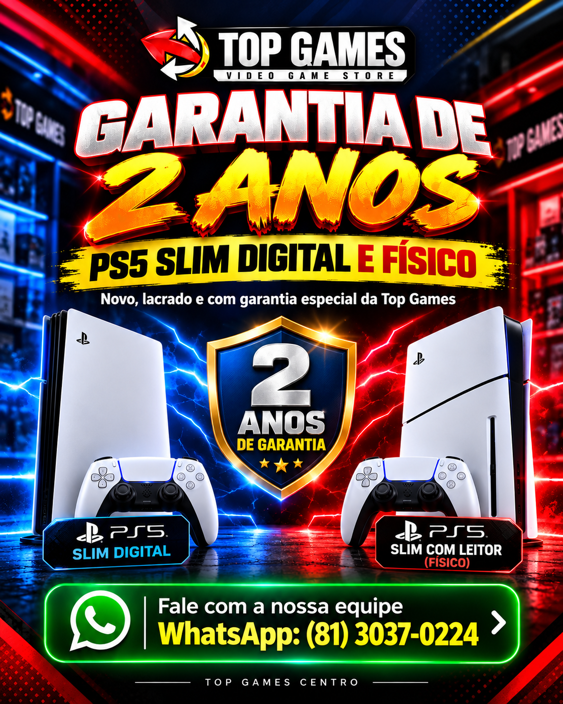 Oferta PS5 Slim com dois anos de garantia na Top Games Centro